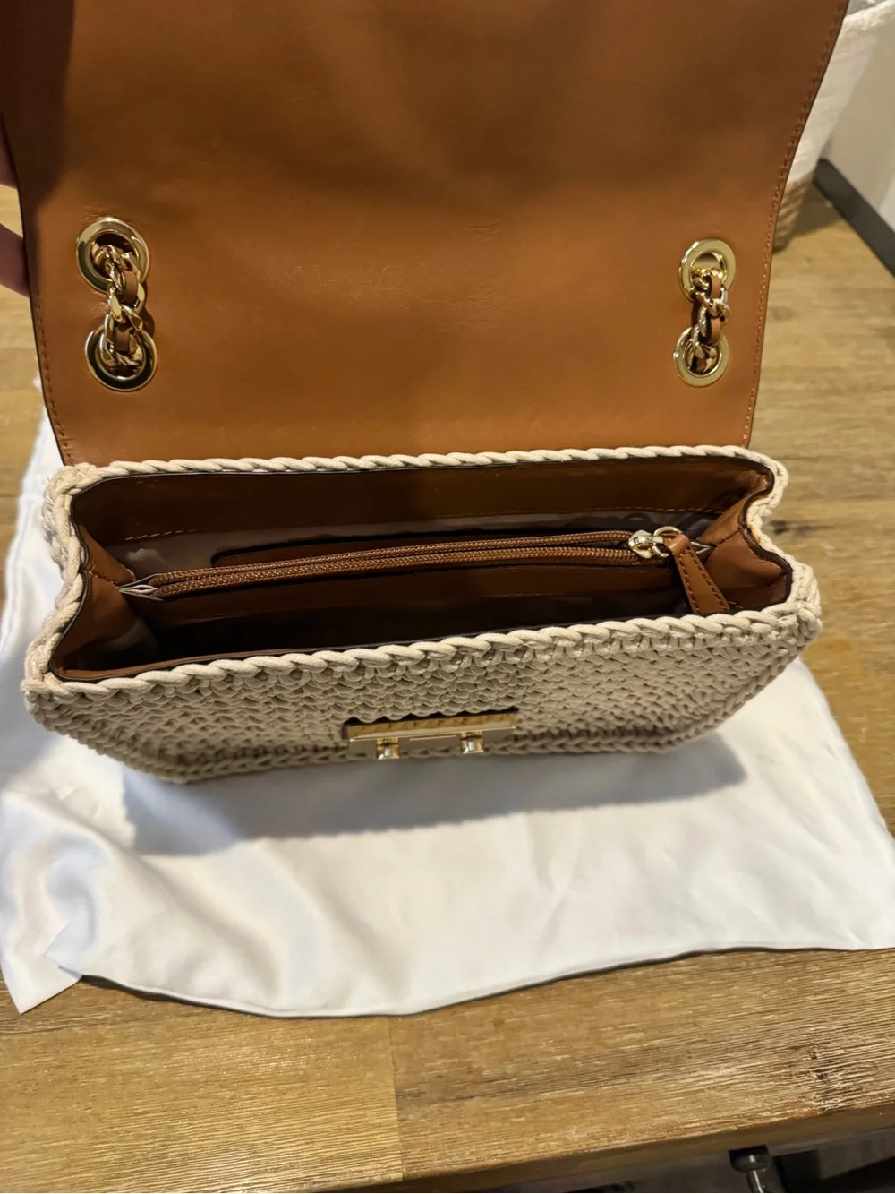 Michael Kors Brown Leather Floral Flap with Cream Crochet Shoulder Bag - Picture 3 of 8
